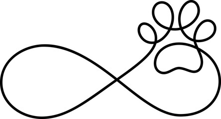 Infinity sign with cat or dog paw in continuous one line drawing logo. Minimal line art. Animal foorprint in heart. Pet love concept