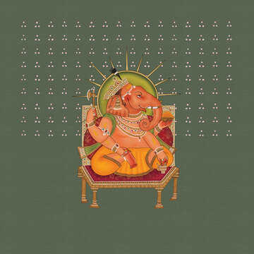 Lord Ganesha pichhwai 103 - Indian Traditional Rajasthani miniature painting Jaipur, Rajasthan, royal India, Shrinathji, Lord Krishna Pichwai style, Pichwai painting	