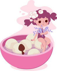Tangyuan rice balls. The girl sits on the edge of a cup with rice balls. Traditional festive food for the new year in China. Chinese dessert in pink shades with character in cute cartoon style