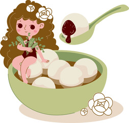 The girl sits on the edge of a green cup with rice balls. Tangyuan rice balls. Traditional festive food for the new year in China. Chinese dessert in green shades with character in cute cartoon style