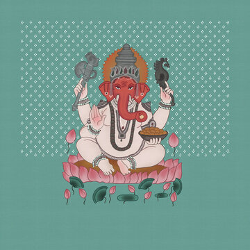 Lord Ganesha pichhwai 102 - Indian Traditional Rajasthani miniature painting Jaipur, Rajasthan, royal India, Shrinathji, Lord Krishna Pichwai style, Pichwai painting	