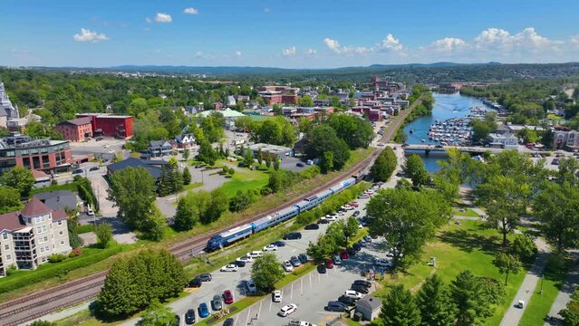 Magog city aerial view at the mouth of Magog River to Lake Memphremagog, Magog, Memphremagog County, Quebec QC, Canada. 