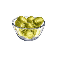 watercolor drawing glass bowl with green olives isolated at white background, hand drawn illustration