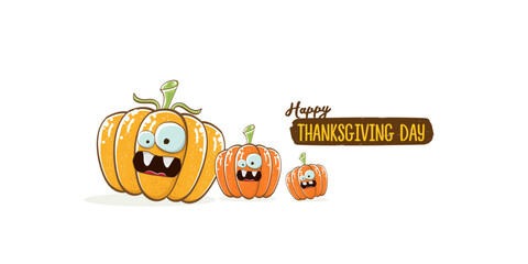 Funny Thanksgiving day horizontal banner with vector funny cartoon cute smiling friends pumpkins isolated on white background. Thanksgiving day cute banner and label design template with pumpkins
