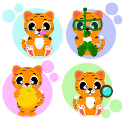 A set of cute tiger cubs with a rose, with a magnifying glass, with an orange, in a diving suit