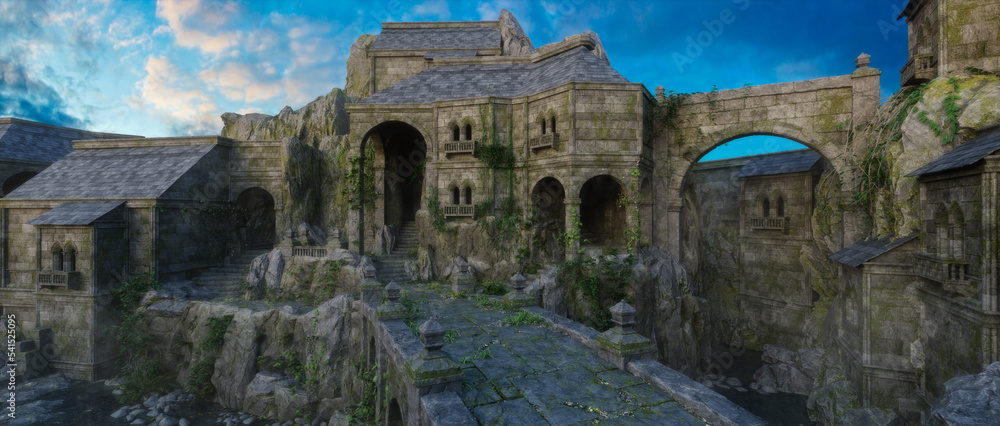 Poster cinematic view of a medieval fantasy castle in the mountains with stone bridge over a river gorge. 3
