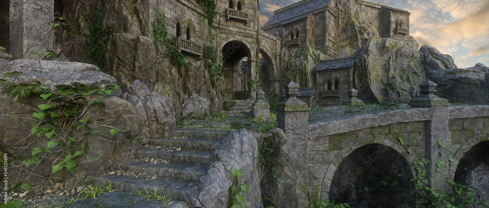Poster wide panoramic view of a beautiful fantasy medieval castle with steps leading to a stone bridge. 3d 