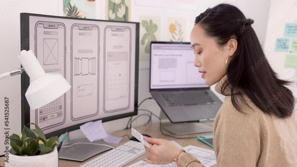 Poster computer, design and phone with a business woman planning an application development in her office a