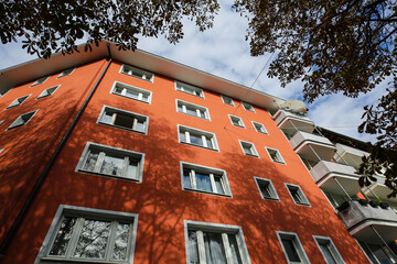 beautiful houses in Munich, blue sky, attic and new building