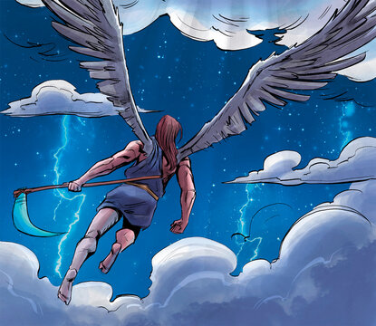 angel holding a scythe flying towards the sky