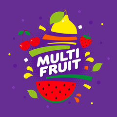 Set of fruits on a lilac background, multifruit label template. Design concept for advertising, labels for juices and drinks. Vector, illustration