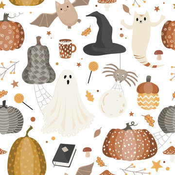 Halloween seamless pattern design with ghost, pumpkins, bat, and leaves. Vector illustration.