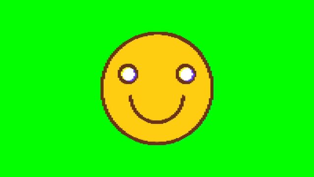Happy emoticon with glitch effect on green background. Emoji motion graphics.