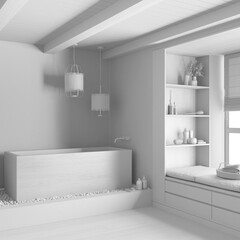 Fototapeta premium Total white project draft, farmhouse bathroom with wooden bathtub. Window with bench and pillows, plaster concrete walls. Japandi interior design