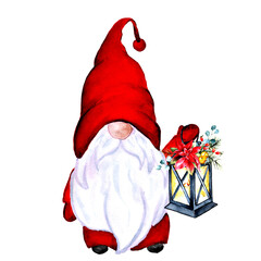 Cute christmas hand drawn gnome with lantern