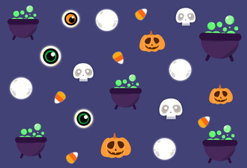 Vector halloween background.Wrapping paper background.Illustration with bats, pumpkins and candies