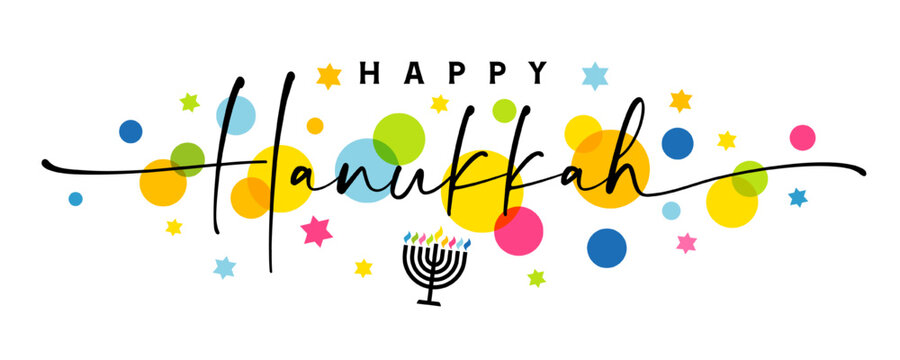 Happy Hanukkah, greetings banner with elegant lettering and colored stars. Jewish holiday Hanukka greeting card traditional Chanukah symbol menorah candles. Vector template