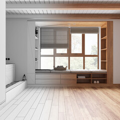 Architect interior designer concept: hand-drawn draft unfinished project that becomes real, japandi bathroom with wooden sitting window with bench. Farmhouse interior design