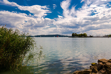 The lake Balaton in Balatonfured and view of Tihany