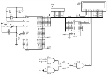 Vector electrical schematic diagram of the lcd display 
which runs under the control of a
8051 microcontroller. 
Design makes demonstrates how an 8051 can be used to drive a alphanumeric LCD display.