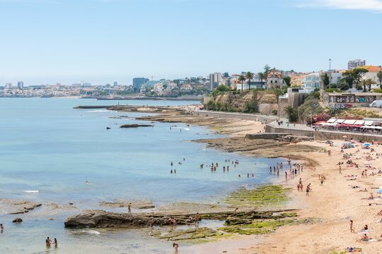 Droen shot of the beach of Poca and the Fort of Sao Teodosio da Cadaveira in Estoril, Portugal