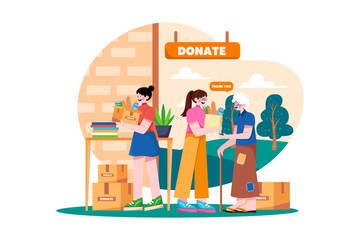 Group of volunteers giving charity gifts to the poor