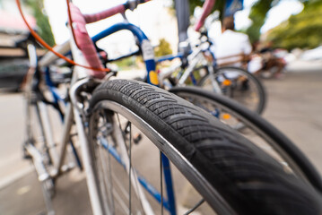 Fototapeta na wymiar Bike Wheels close up on the street
