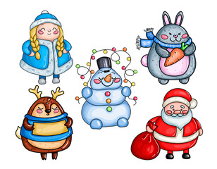 New Year's and Christmas illustration. Children's characters: snowman, hare, Santa Claus, snow maiden, reindeer