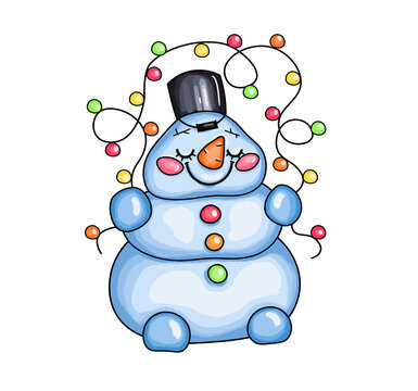 New Year's and Christmas illustration. Children's character snowman with colorful garland. Pictures for design and stickers