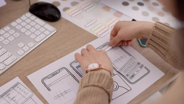Ux, designer and planning with woman and research for creative, app and technology. Website, software and engineering with phone ui and employee working on website, it or innovation in digital agency