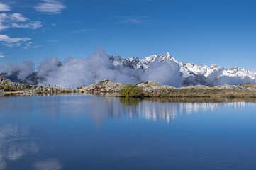 View of the bigger Lac Besson and the smaller Lac Rond , located near the ski resort of Alpe d'Huez, Grand Rousses, Isere, France