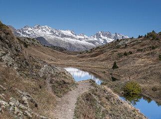 View of the bigger Lac Besson and the smaller Lac Rond , located near the ski resort of Alpe d'Huez, Grand Rousses, Isere, France
