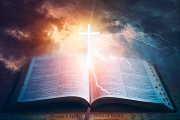 Dramatic Sky's Christian Cross and Holy Bible - 541534476