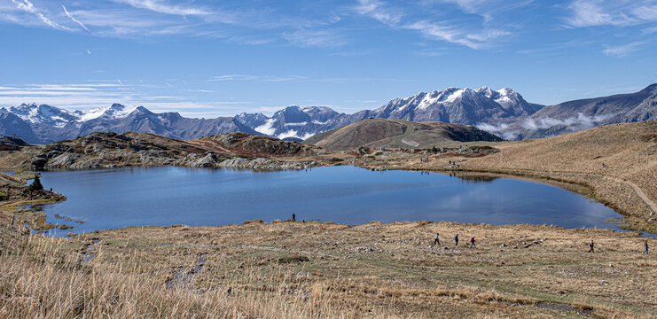 View of the bigger Lac Besson and the smaller Lac Rond , located near the ski resort of Alpe d'Huez, Grand Rousses, Isere, France