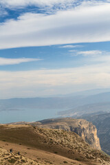 Obraz premium The Chirkeyskoye reservoir is the largest artificial reservoir in the Caucasus. It is located on the Sulak River. Dagestan. Russia. Beautiful panoramic view