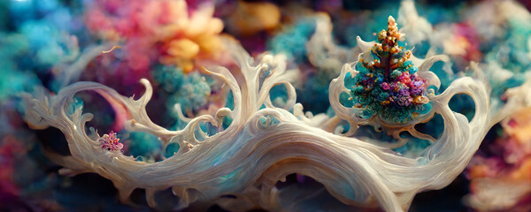 Fantasy abstract Christmas winter festive composition. Colorful Xmas background realistic decorative design objects 3d render.