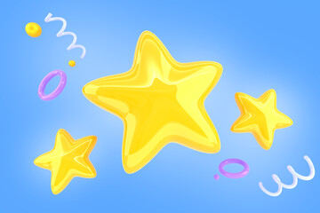 Golden stars icons with flying spirals, spheres and rings on blue background, 3d render. Game ui stars, rate or gui design elements, winner achievement, bonus or prize reward