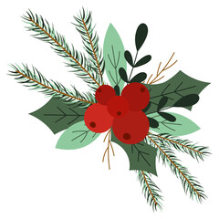 Christmas holly with berries. New Year picture. Winter Bouquet. Season greeting card. Vector illustration.