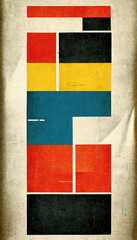 Old abstract Bauhaus poster on an grunge, yellow, vintage paper, retro stile, geometric shapes, lines squares, black, teal, dark blue, orange, yellow, gray colorful background with copy space for text
