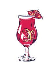 red alcoholic cocktail drink isolated on white background - red juice beverage in hurricane glass with lemon slices and cocktail umbrella