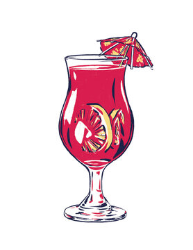 recommend clip art: red alcoholic cocktail drink isolated on white background - red juice beverage in hurricane glass with lemon slices and cocktail umbrella