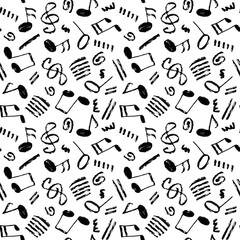 Vector seamless black and white hand-drawn pattern with swirls, stripes, musical notes and treble clef. Grunge music theme minimalistic backdrop.