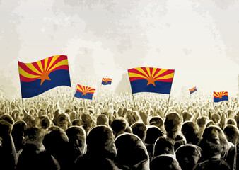 Crowd with the flags of Arizona, people cheering national team of Arizona. Ai generated illustration of crowd.