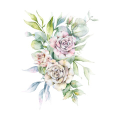 Fototapeta premium Eucalyptus Bouquet with Roses Watercolor, Floral Bouquet, Hand Painted Floral Composition, Greenery Arrangement, Floral Arrangement, Green Leaves Composition with pastel roses