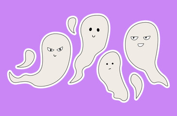Set of cute stickers of ghosts with funny faces. Vector flat illustration on isolated background.	