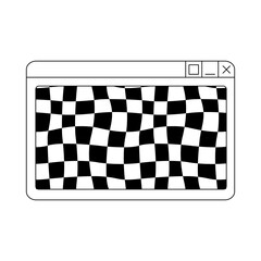 Retro digital screen user interface in y2k style. Old computer windows vector outline illustration. Retrowave aesthetic. Distorted wavy checkerboard.