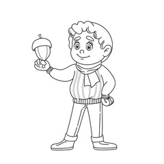 Coloring page happy boy with acorn. Smiling character holds nut in hand. Autumn Illustration in cartoon style. Line art.