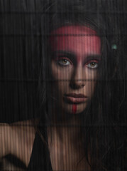 Ethnicity, tribe, make-up concept. Beautiful native American Indian woman portrait. Model with dreadlocks and red tribe make-up looking at camera through wooden black grated wall with white eyes