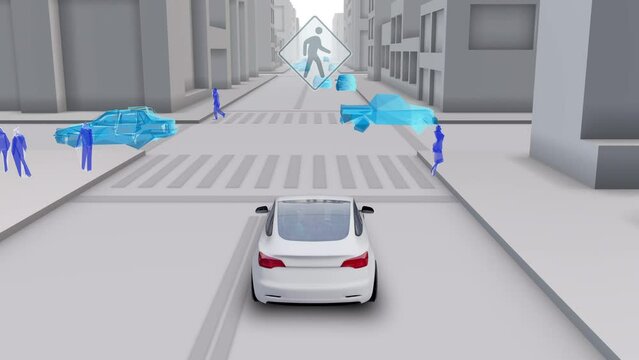 3D Animation of Generic Electric Autonomous Car Computer Vision. Futuristic View of City Streets with Pedestrians and Vehicles. Automobile Dashboard Display. GPS Map.