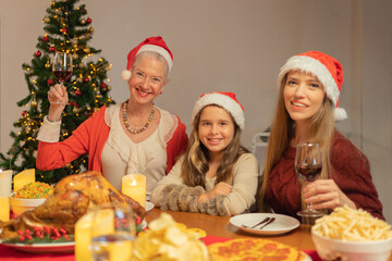 A group of caucasian. Portrait of western white family have a celebration dinner in party on Merry Christmas Eve Xmas on holiday at home. People lifestyle. thanksgiving holiday